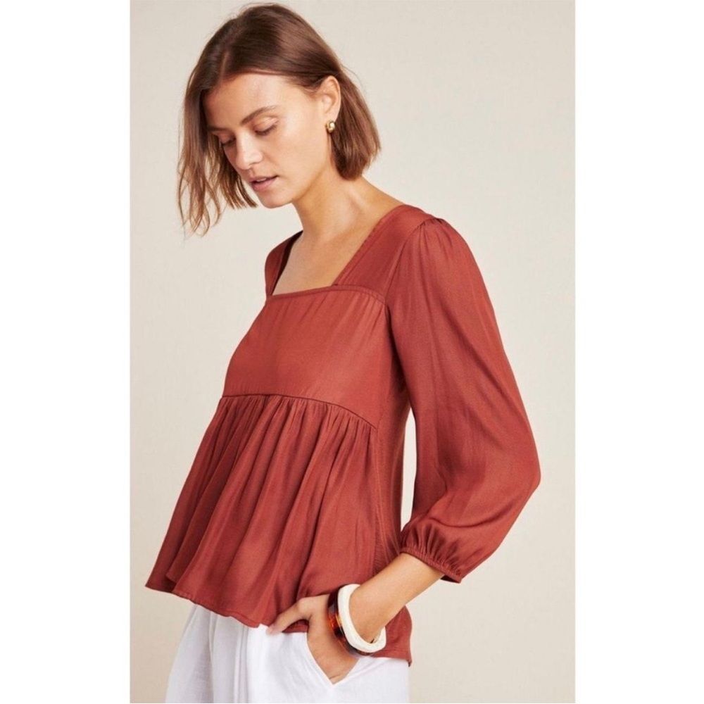 Anthropologie Dolan Rust Cherie Babydoll Silky Long Sleeve Top Size Large